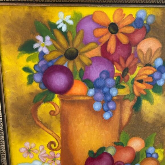 Vintage Still Life Flowers fruit Floral Oil Painting in Thick Gold Frame Ornate - Picture 2 of 9